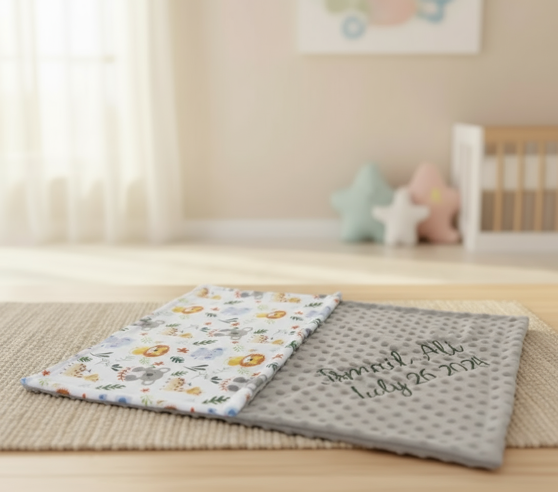 Personalized Safari Theme Baby Blanket – Custom Embroidered Name Blanket for Boys and Girls