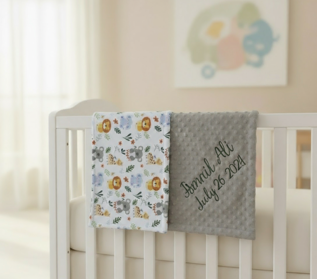 Personalized Safari Theme Baby Blanket – Custom Embroidered Name Blanket for Boys and Girls