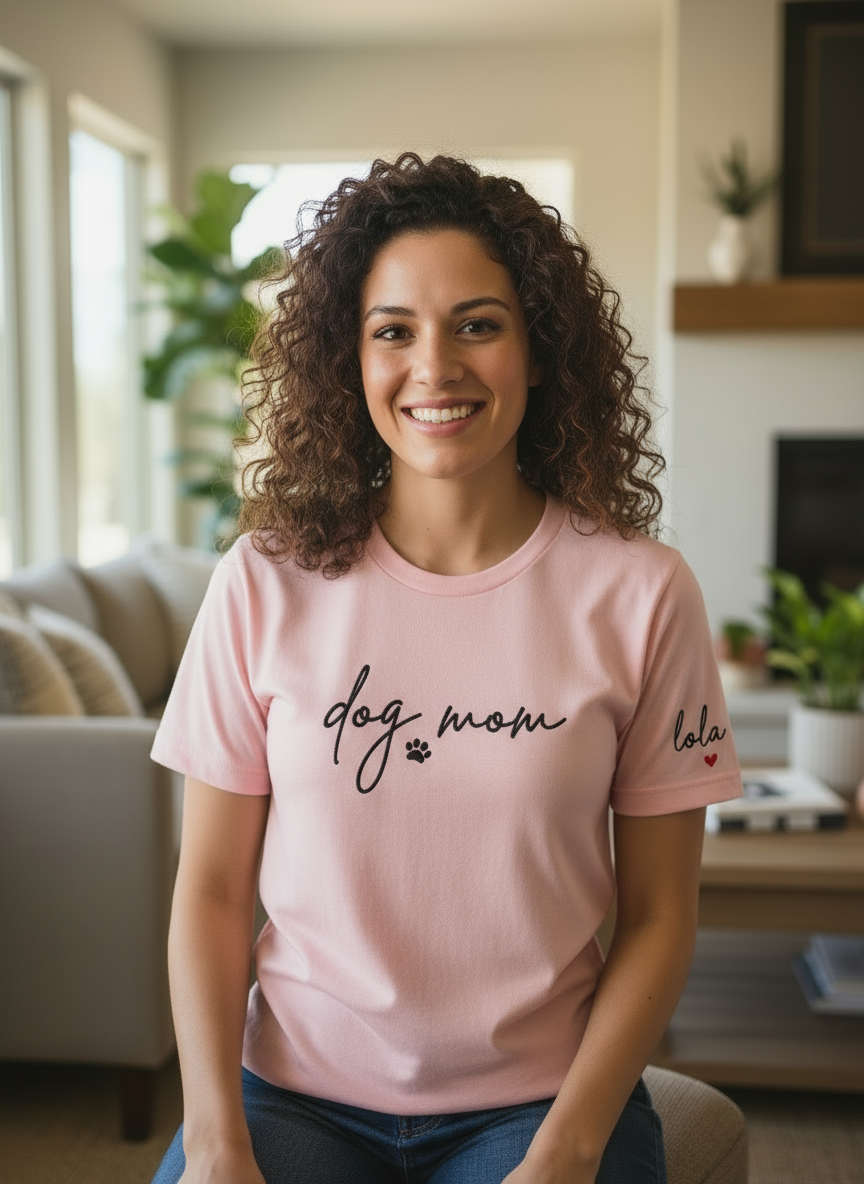 Dog Mom Embroidered T-Shirts with Pet Name on short Sleeve
