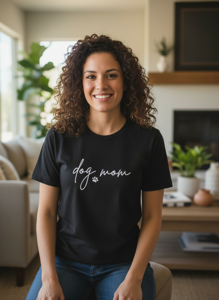 Dog Mom Embroidered T-Shirts with Pet Name on short Sleeve