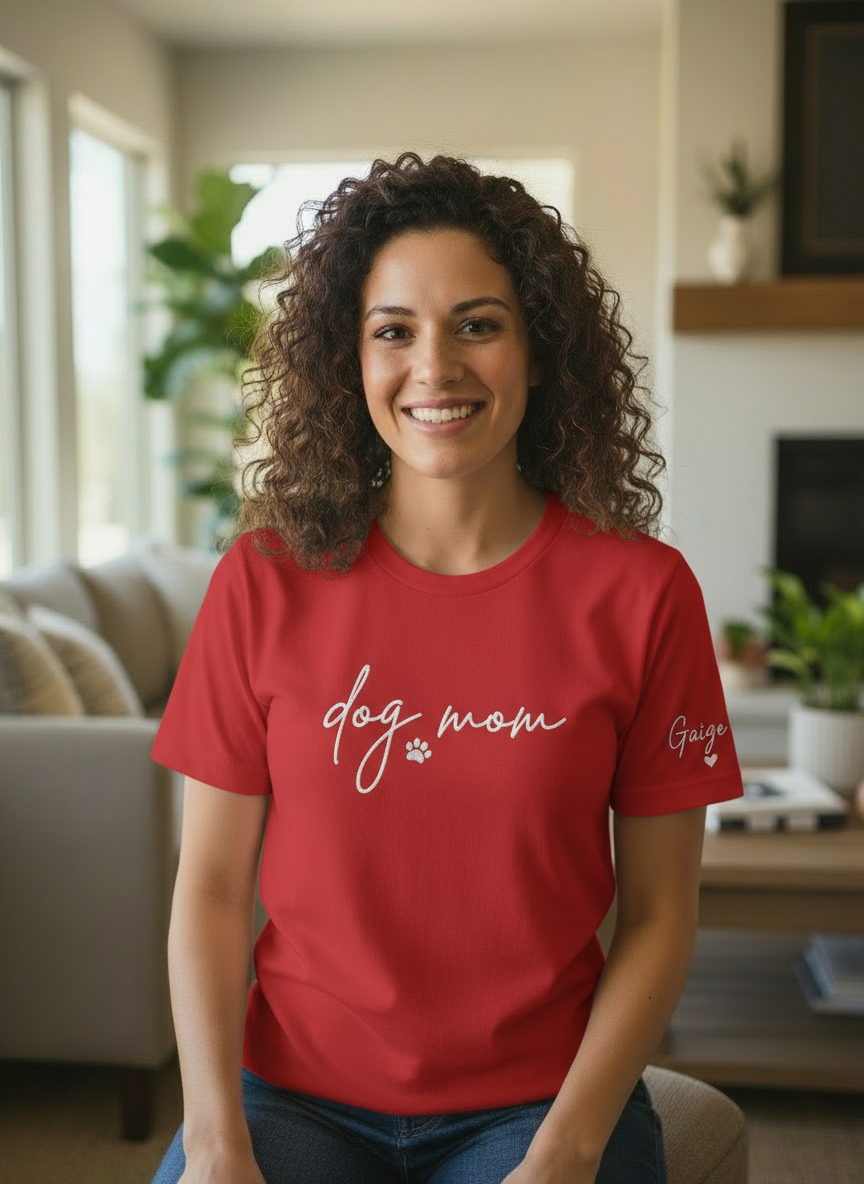 Dog Mom Embroidered T-Shirts with Pet Name on short Sleeve