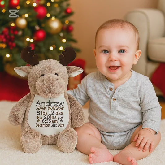 Personalized Christmas Moose Plush | Custom Embroidered Stuffed Animal | Baby Keepsake Gift | Newborn Christmas Gift | Birth Stats Plush | Holiday Nursery Décor
