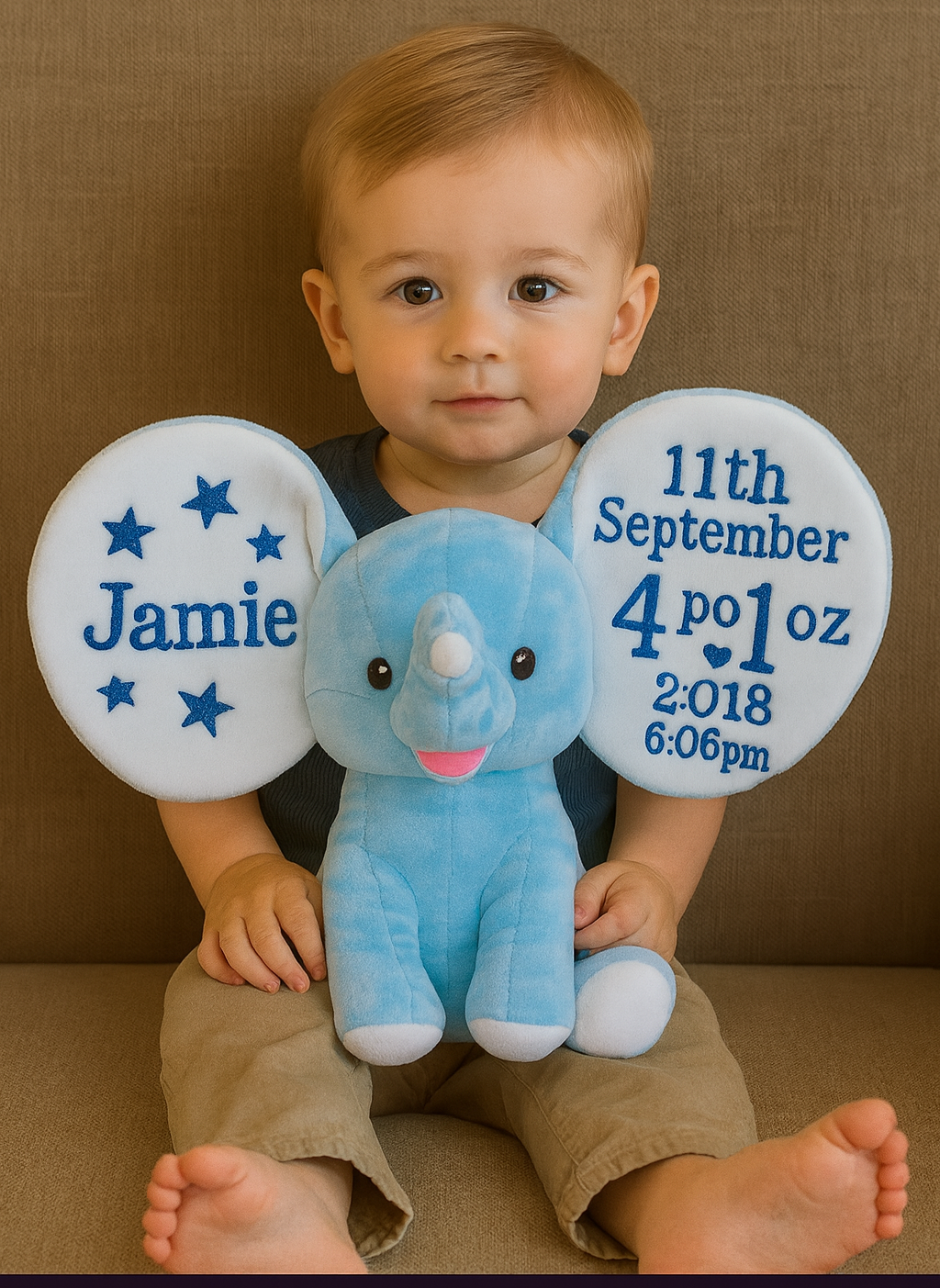 Personalized Blue Elephant with Birth Stats – Custom Embroidered Baby Boy Keepsake Gift