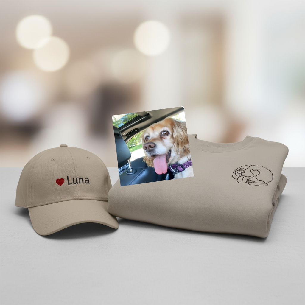 Custom Embroidered Pet Sweatshirt using Pet Photo, Outline Embroidery, Outline  Pet Name on sleeve with heart