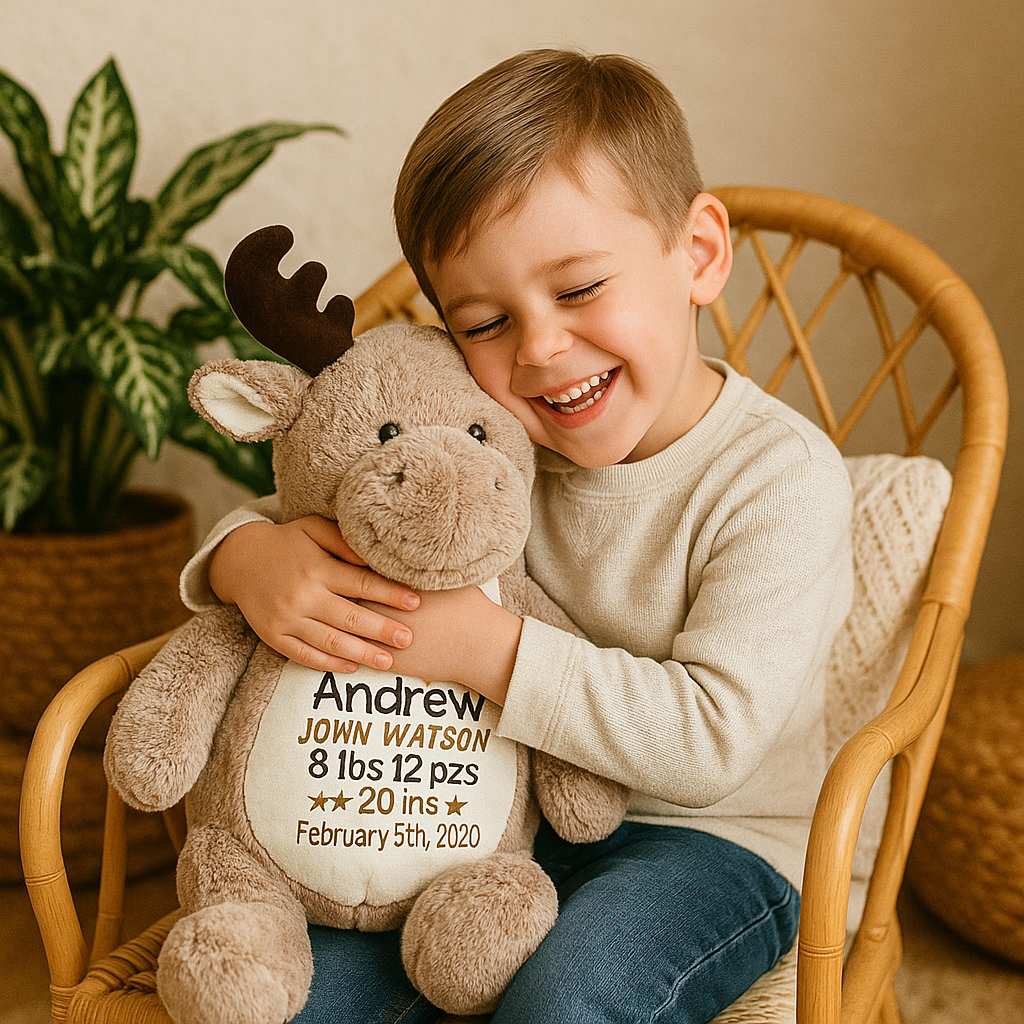 Personalized Christmas Moose Plush | Custom Embroidered Stuffed Animal | Baby Keepsake Gift | Newborn Christmas Gift | Birth Stats Plush | Holiday Nursery Décor