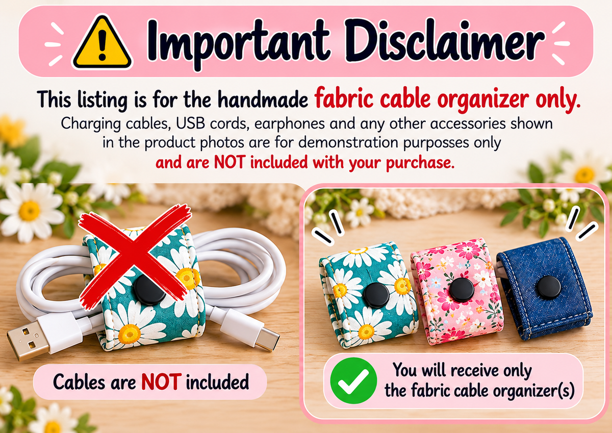 Handmade Fabric Cable Organizer โ Reusable Snap Cord Holder, Floral & Denim Cable Wrap, Travel Tech Accessories, Stocking Stuffer Gift