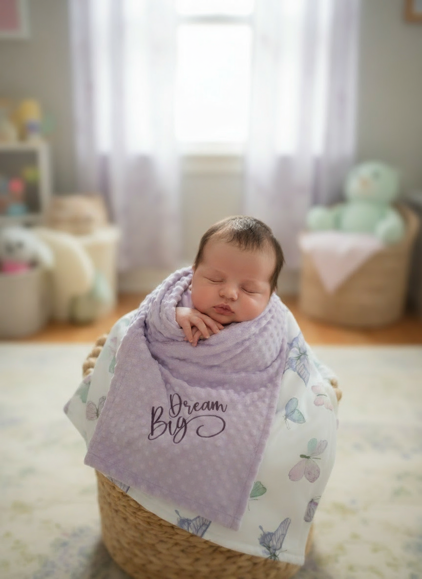 Personalized Butterfly Baby Blanket – Custom Name, Birth Stats, or “Dream Big” Design | Soft minky blanket, Baby Gift