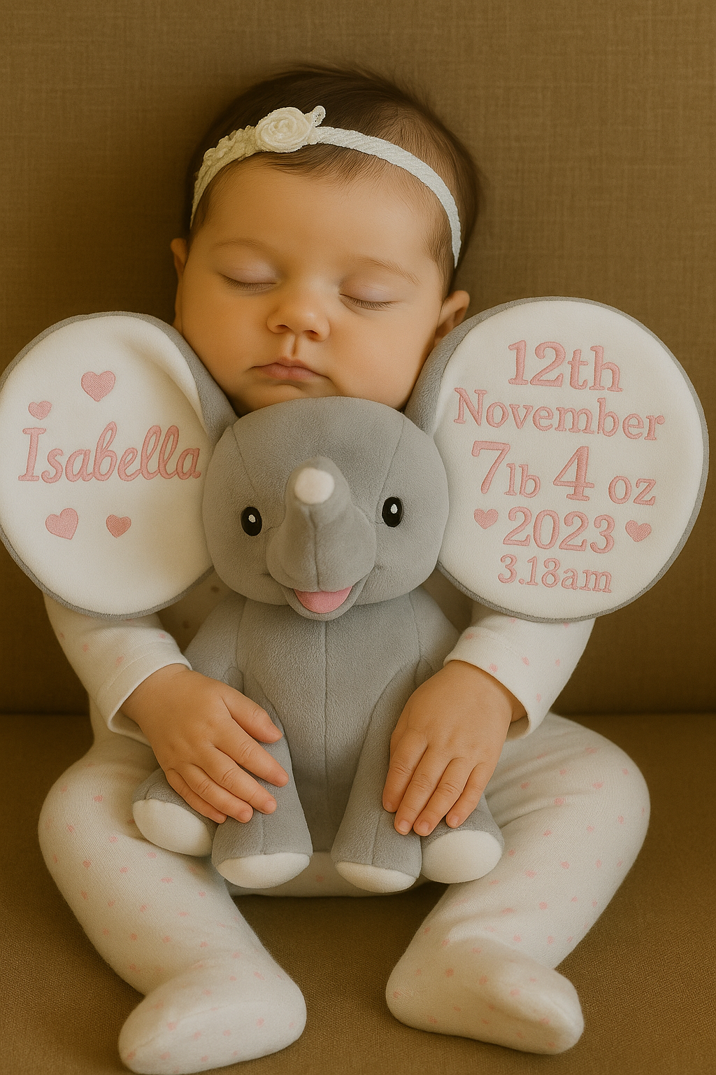 Personalized Grey Elephant with Birth Stats – Custom Embroidered Stuffed Animal for Baby Boy or Girl | Unisex Newborn Gift Keepsake