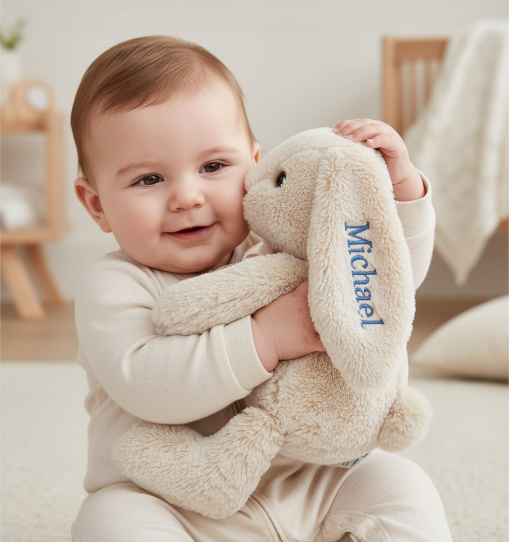 Personalized Embroidered Bunny Plush - Beige & Pink - 10" Custom Baby Gift