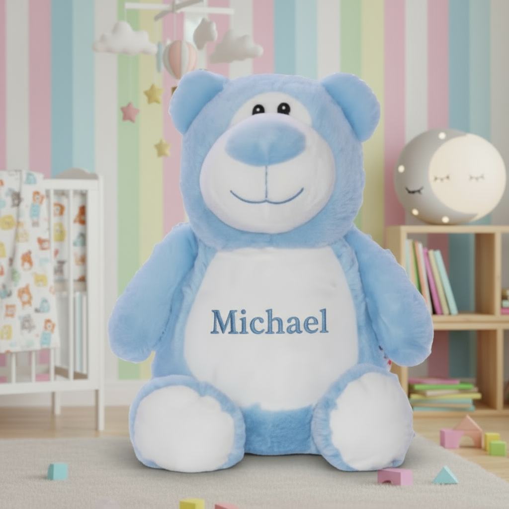 Personalized Blue Bear with Embroidered Name – Custom Stuffed Animal Gift for Baby Boy, Kids & Nursery Décor