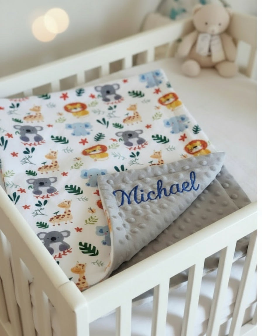 Personalized Safari Theme Baby Blanket – Custom Embroidered Name Blanket for Boys and Girls