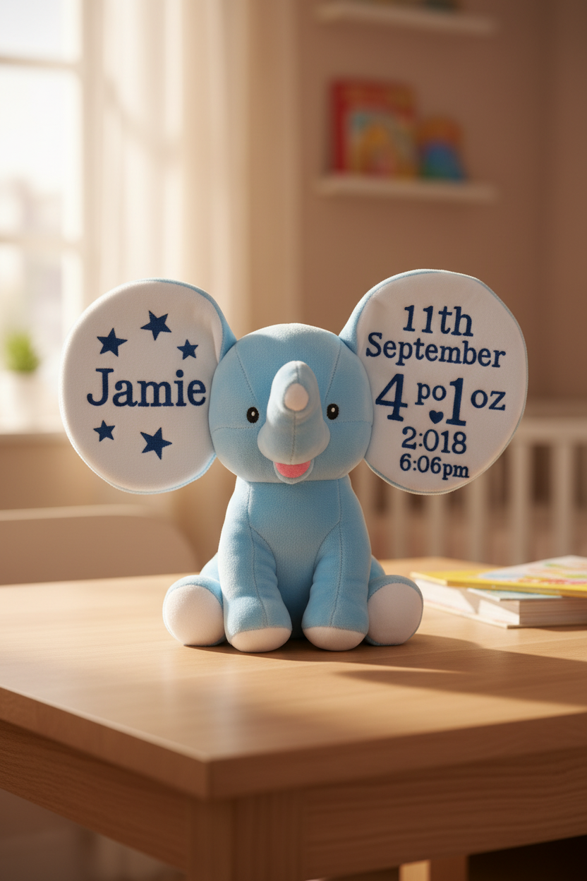 Personalized Blue Elephant with Birth Stats – Custom Embroidered Baby Boy Keepsake Gift