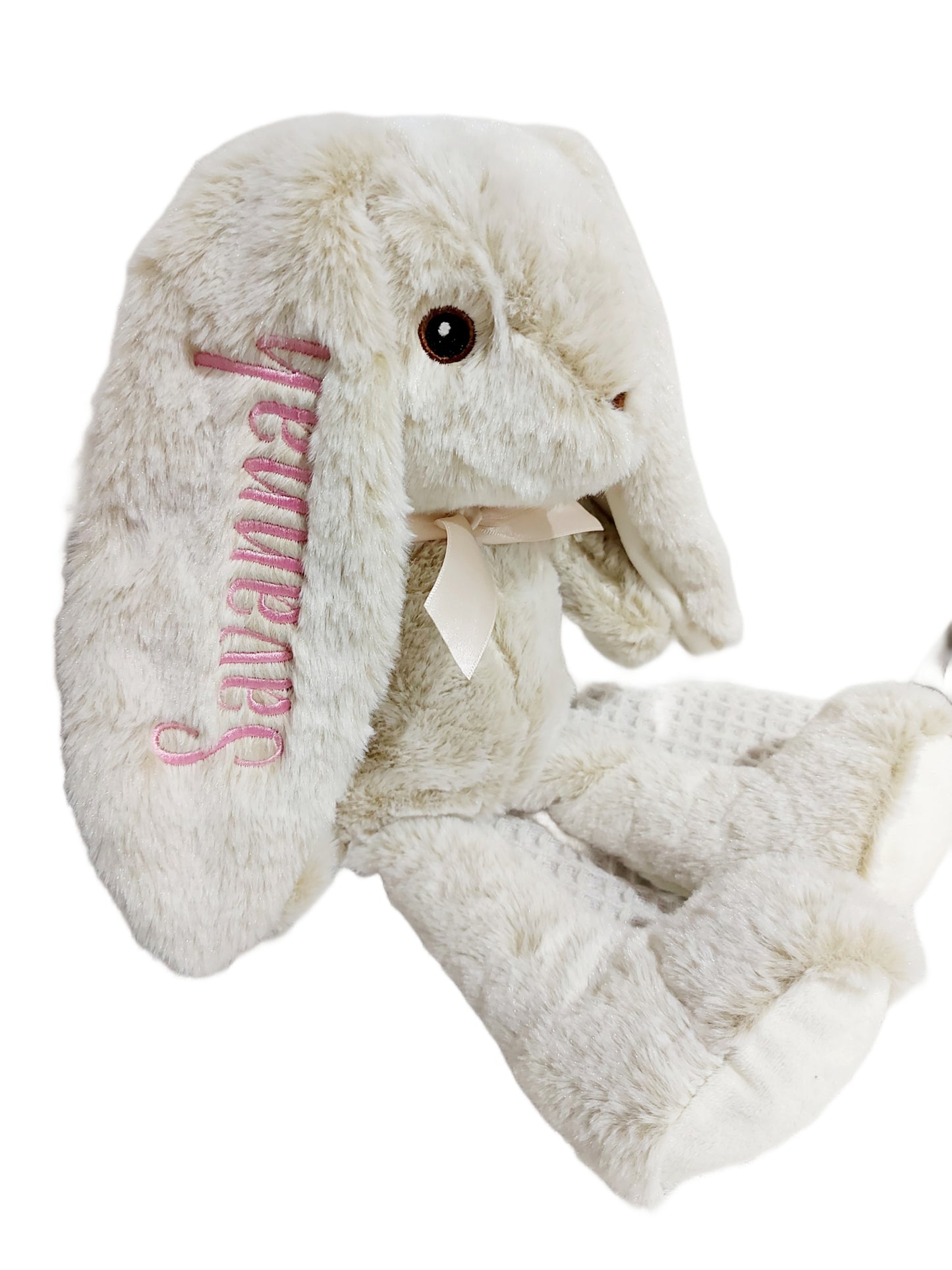 Personalized Embroidered Bunny Plush - Beige & Pink - 10" Custom Baby Gift