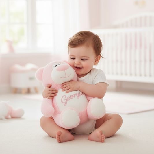 Personalized Pink Bear with Embroidered Name – Custom Stuffed Animal Gift for Baby Girl, Kids & Nursery Décor