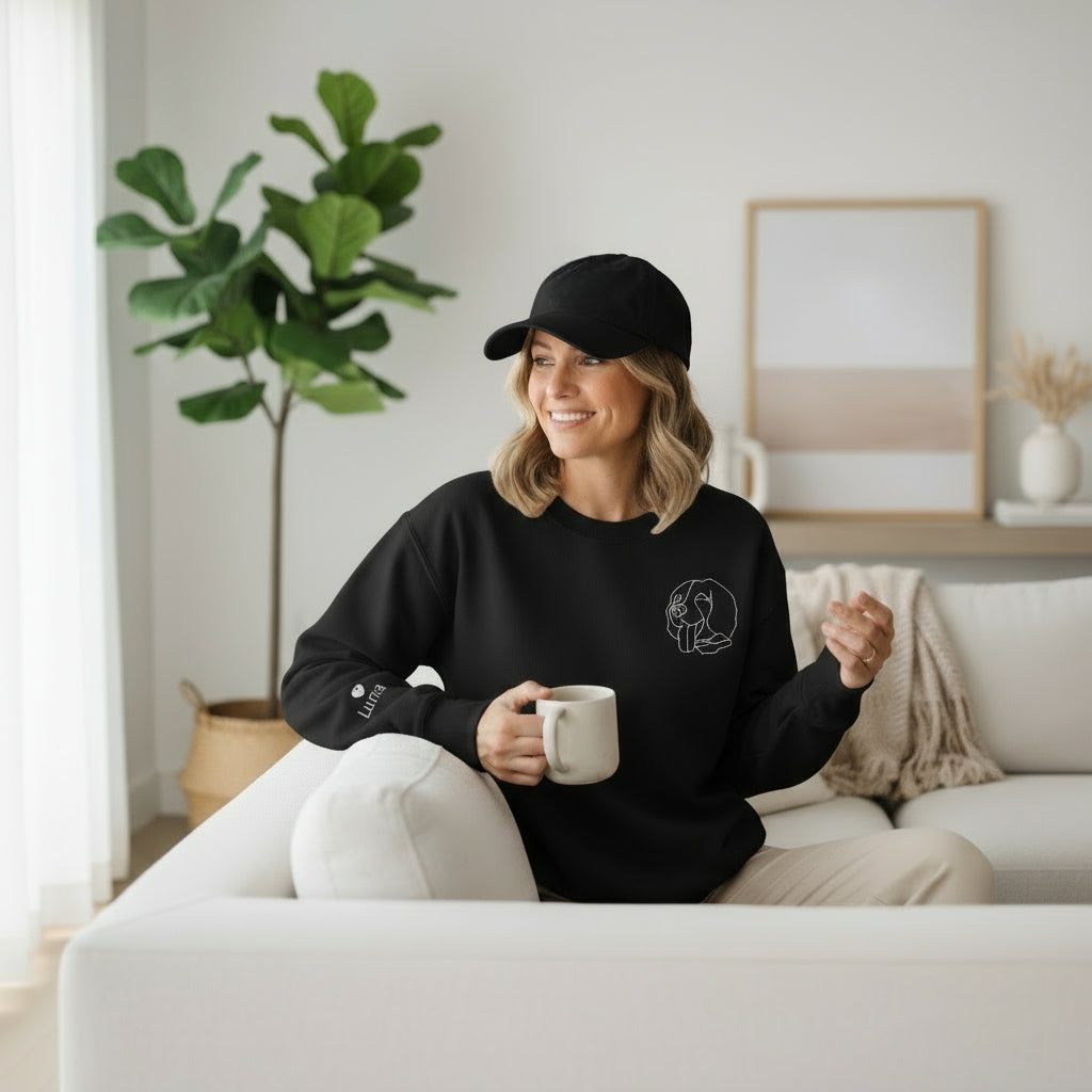 Custom Embroidered Pet Sweatshirt using Pet Photo, Outline Embroidery, Outline  Pet Name on sleeve with heart