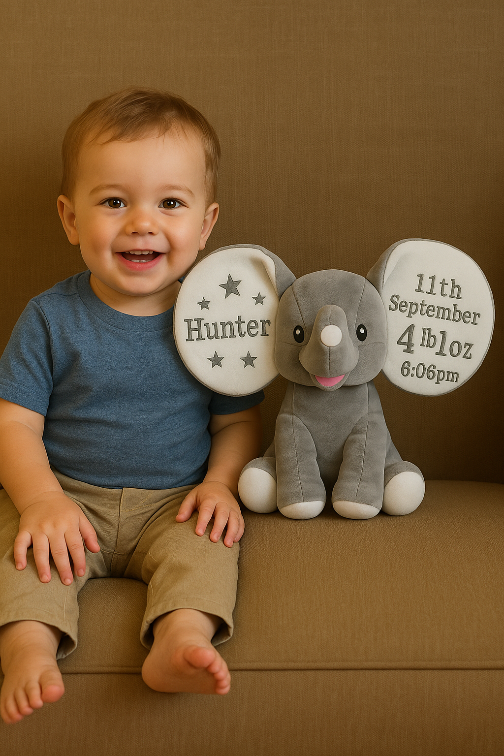 Personalized Grey Elephant with Birth Stats – Custom Embroidered Stuffed Animal for Baby Boy or Girl | Unisex Newborn Gift Keepsake