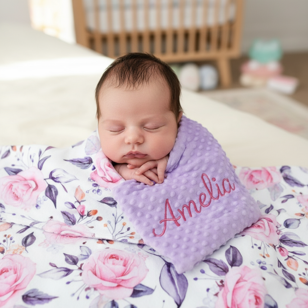 Personalized Lilac Floral Minky Baby Blanket | Custom Embroidered