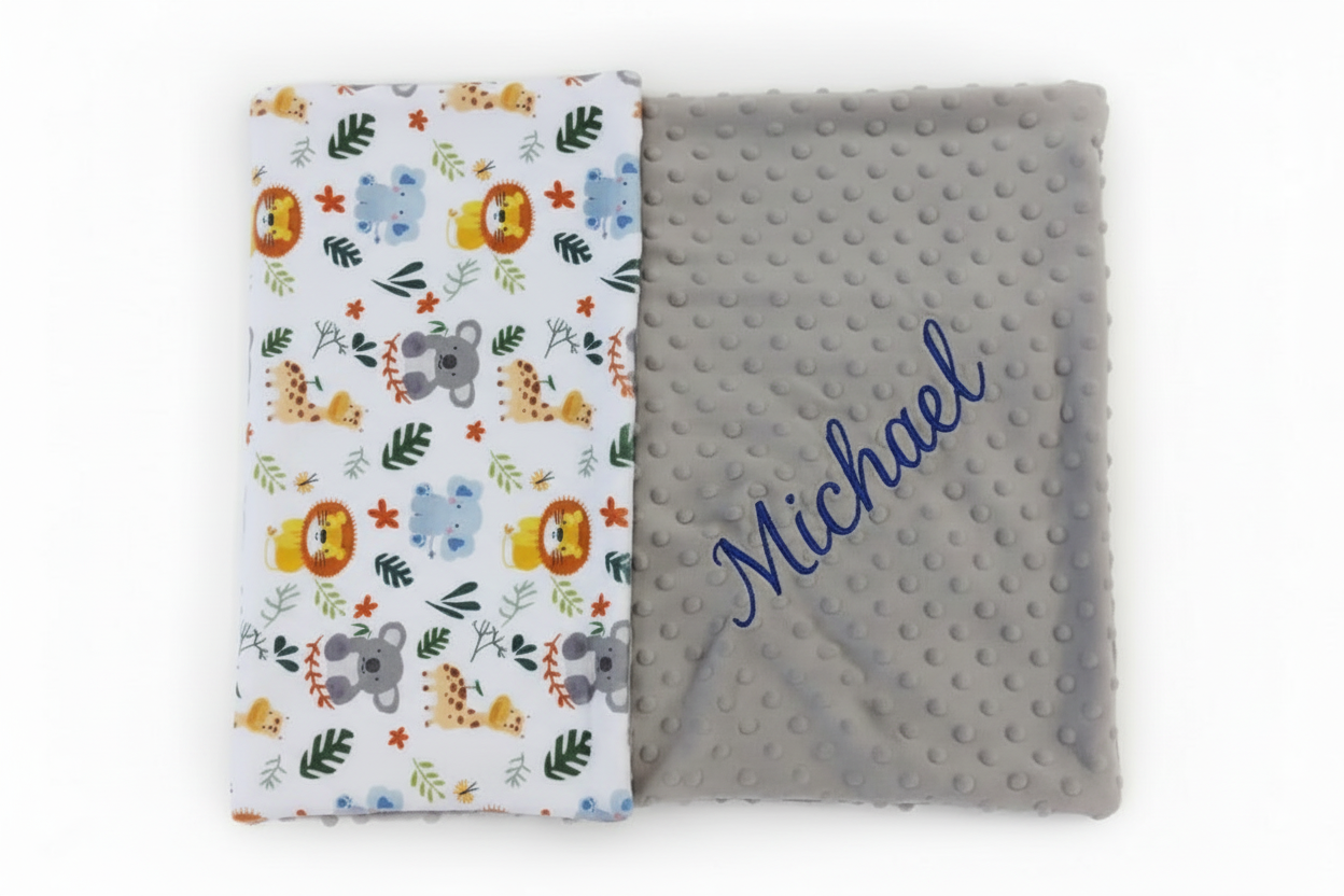 Personalized Safari Theme Baby Blanket – Custom Embroidered Name Blanket for Boys and Girls