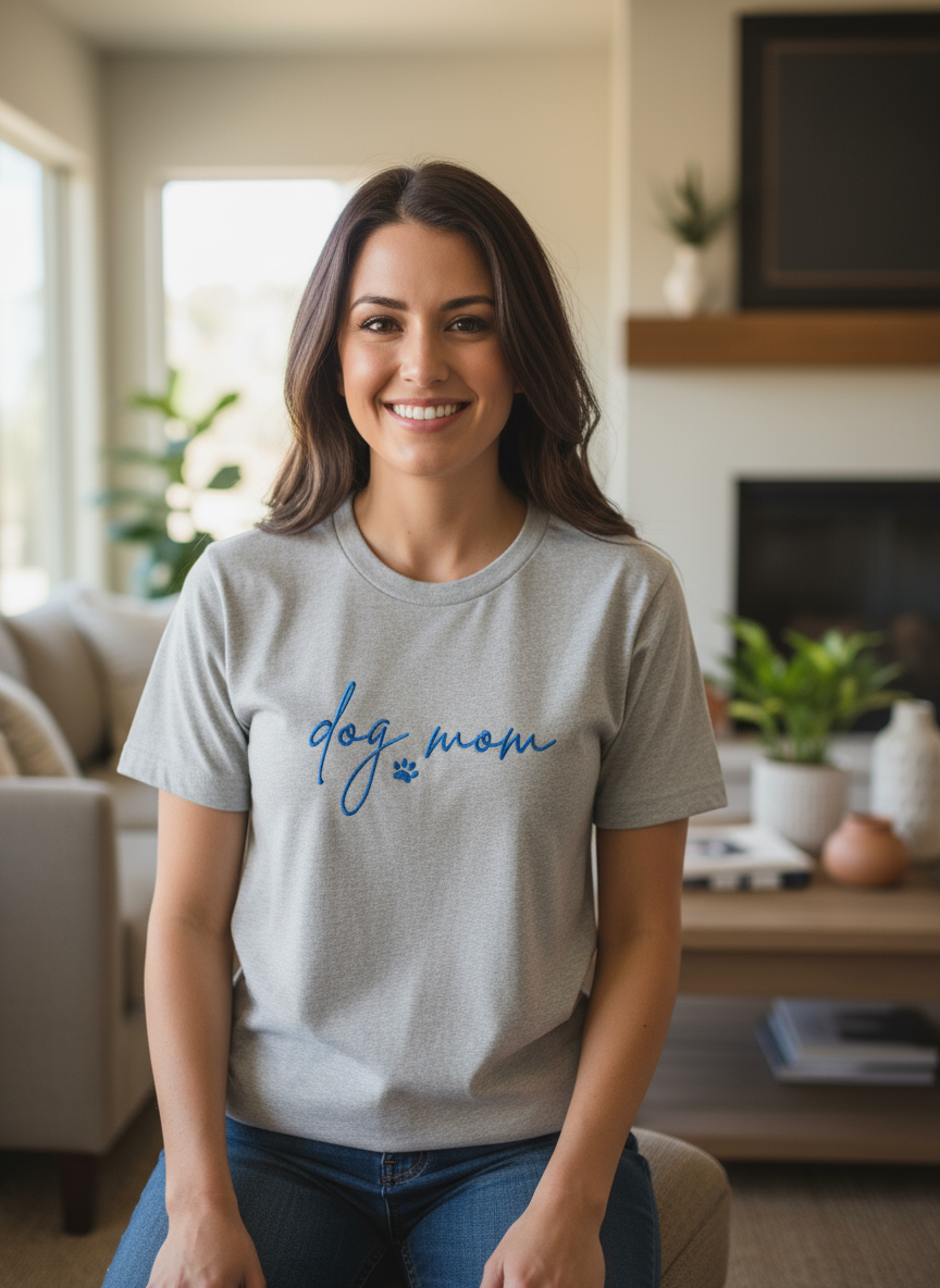 Dog Mom Embroidered T-Shirts with Pet Name on short Sleeve