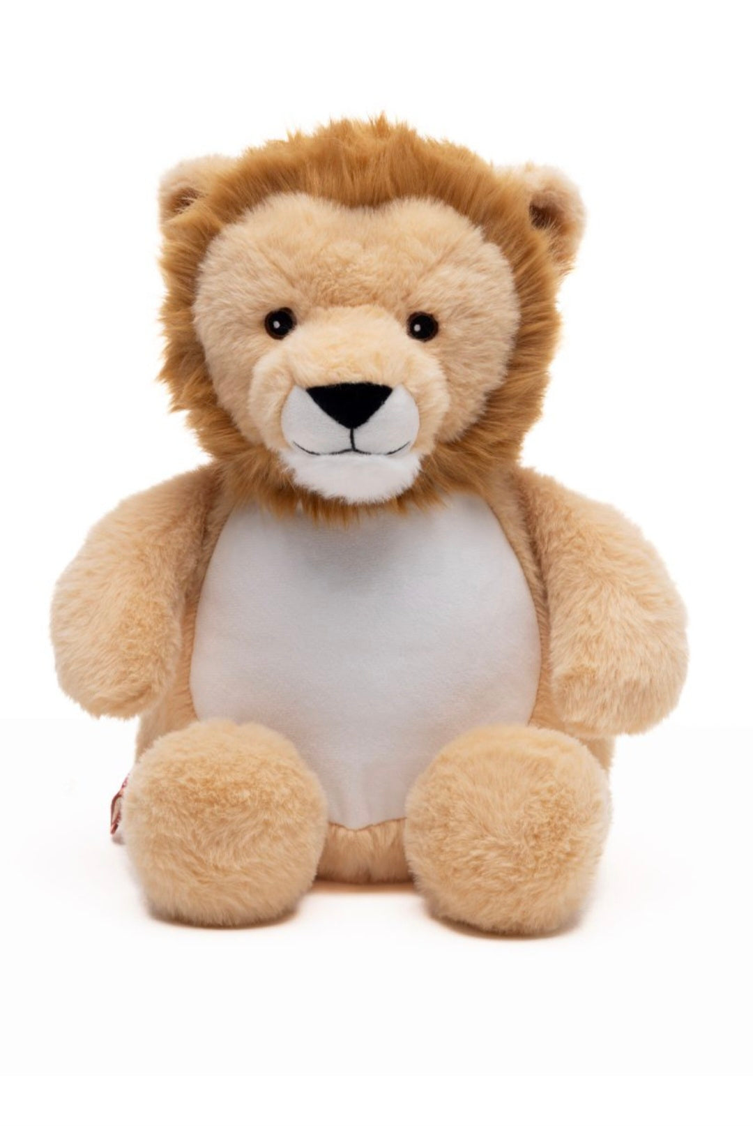 Personalized lion plush stuffed animal with birth stats and name embroidered, made from soft plush polyester — handcrafted baby keepsake gift