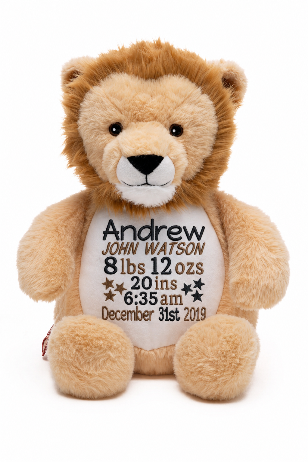 Personalized lion plush stuffed animal with birth stats and name embroidered, made from soft plush polyester — handcrafted baby keepsake gift