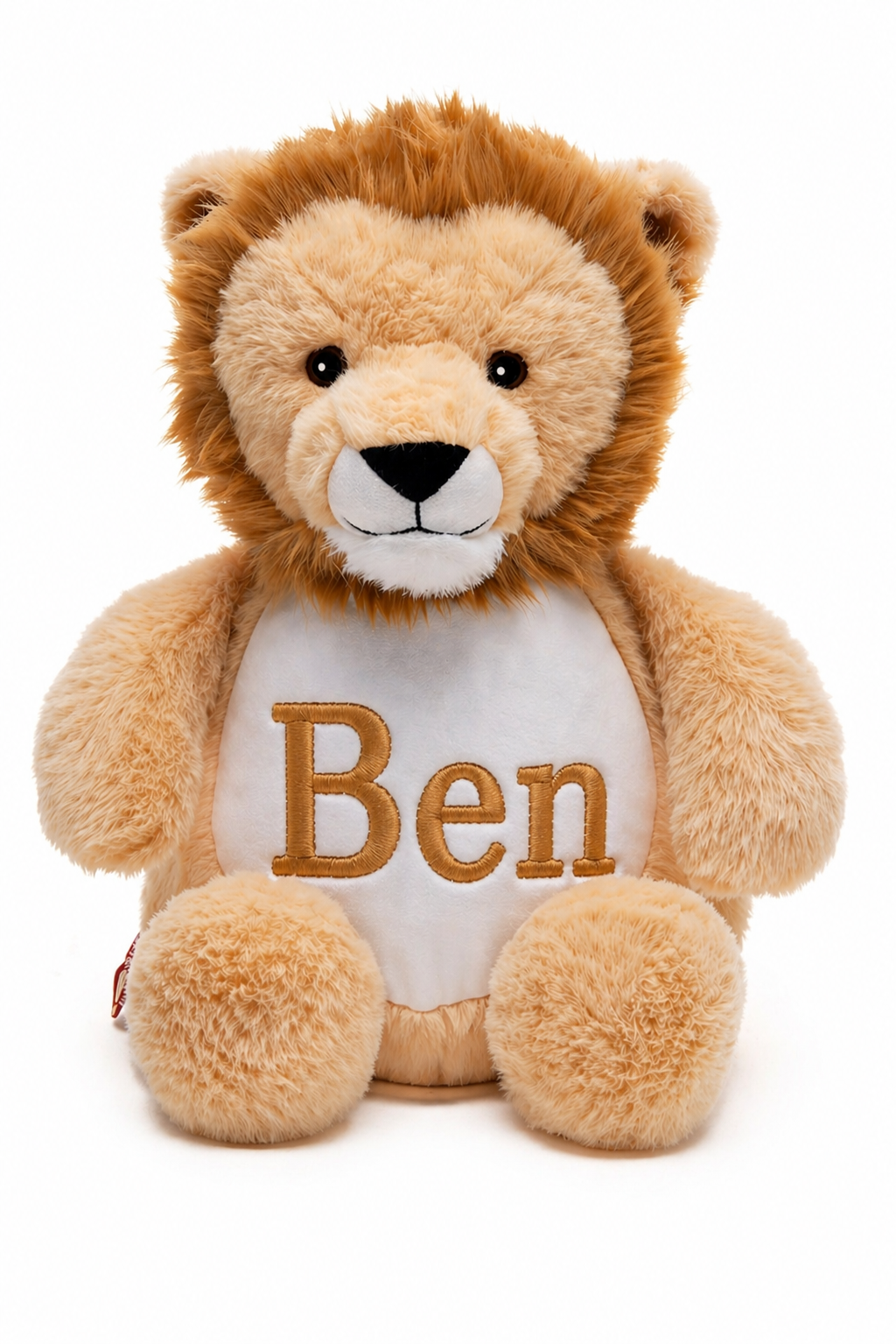 Personalized lion plush stuffed animal with birth stats and name embroidered, made from soft plush polyester — handcrafted baby keepsake gift