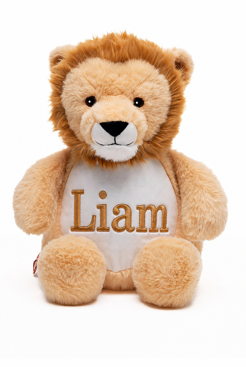 Personalized lion plush stuffed animal with birth stats and name embroidered, made from soft plush polyester — handcrafted baby keepsake gift
