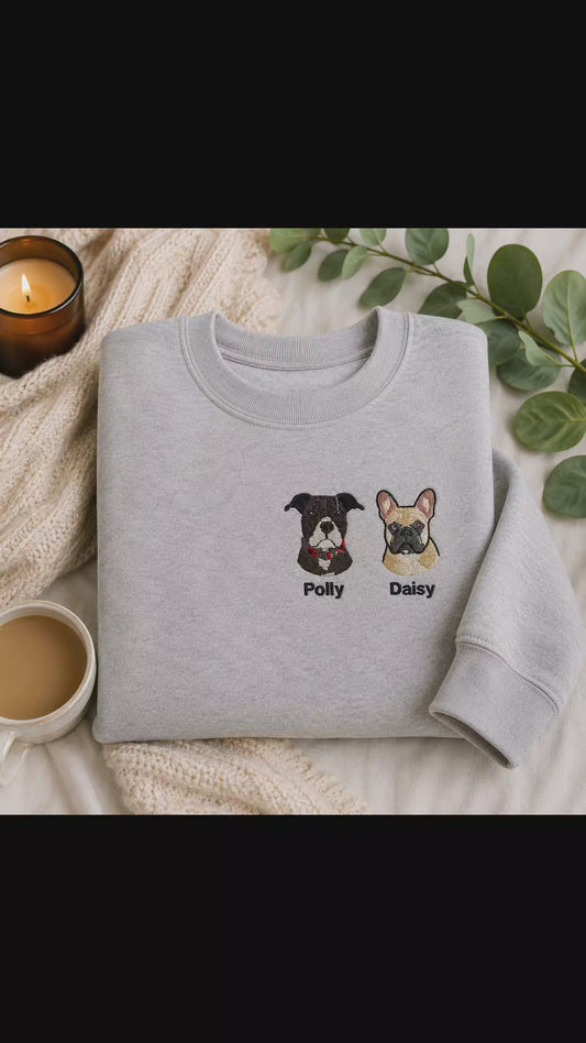 Custom Pet Portrait Embroidered Sweatshirt & Hoodie - Personalized Dog & Cat Portrait Gift