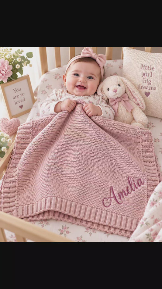 Personalized 100% Organic Cotton Knit Baby Blanket – Custom Embroidered Name Baby Gift