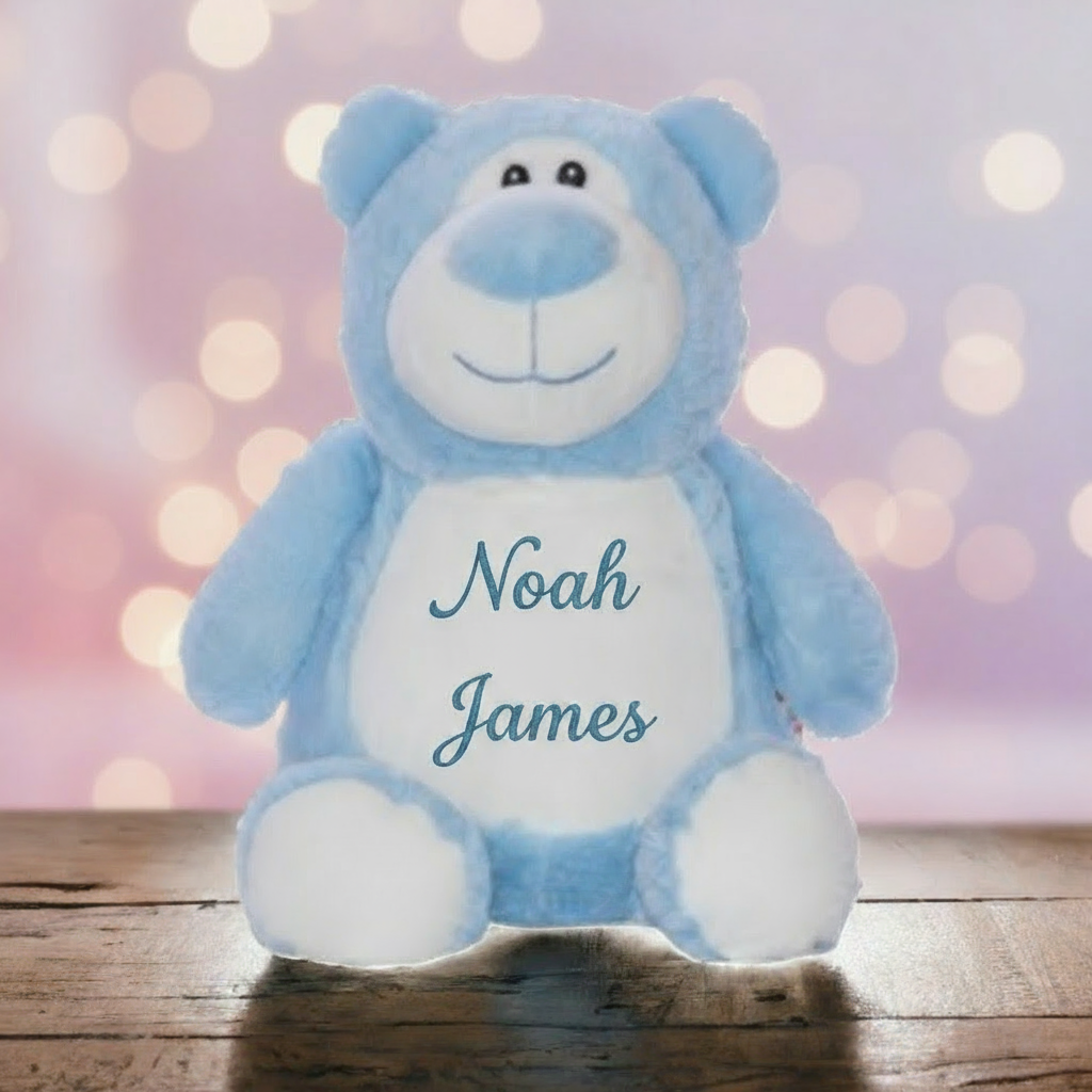 Personalized Blue Bear with Embroidered Name – Custom Stuffed Animal Gift for Baby Boy, Kids & Nursery Décor