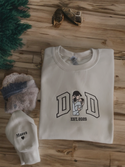 Personalized Dad Photo Embroidery Sweatshirt – Custom Father & Child Portrait, Minimal Line Art, Meaningful Dad Gift