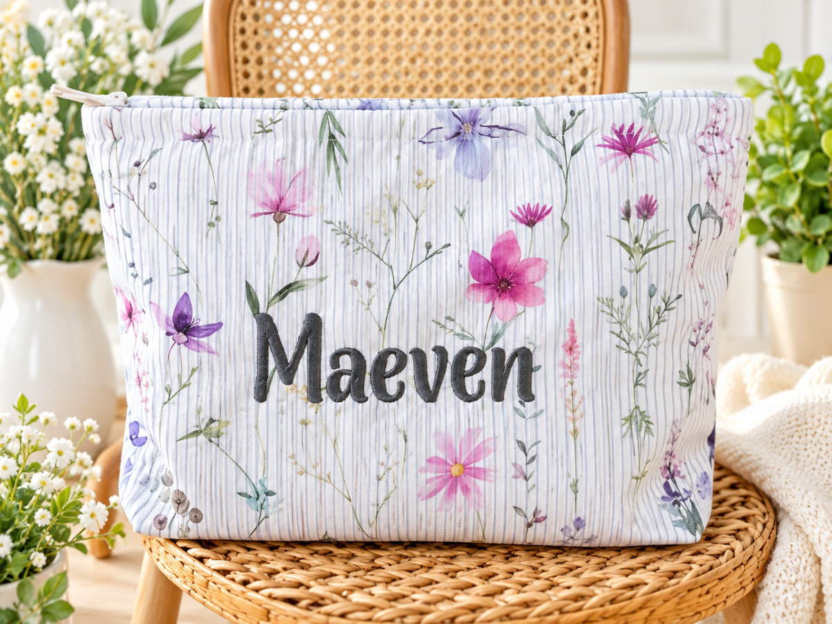 Personalized Corduroy Makeup Bag – Custom Name Floral Cosmetic Pouch, Zippered Toiletry Bag
