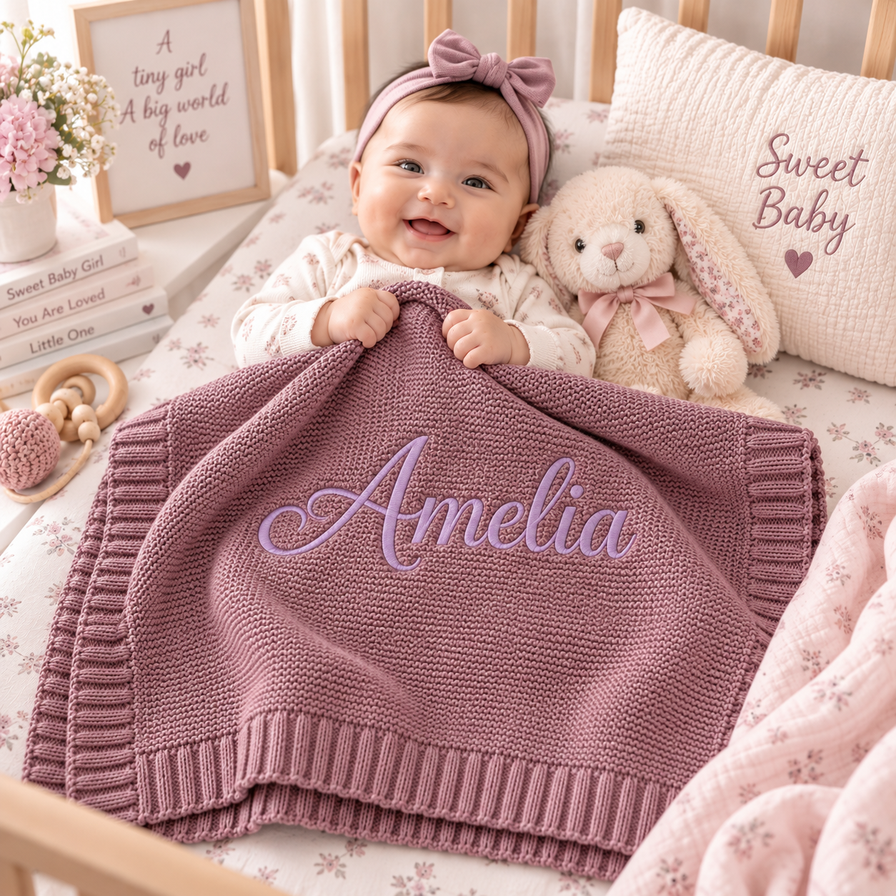 Personalized 100% Organic Cotton Knit Baby Blanket – Custom Embroidered Name Baby Gift