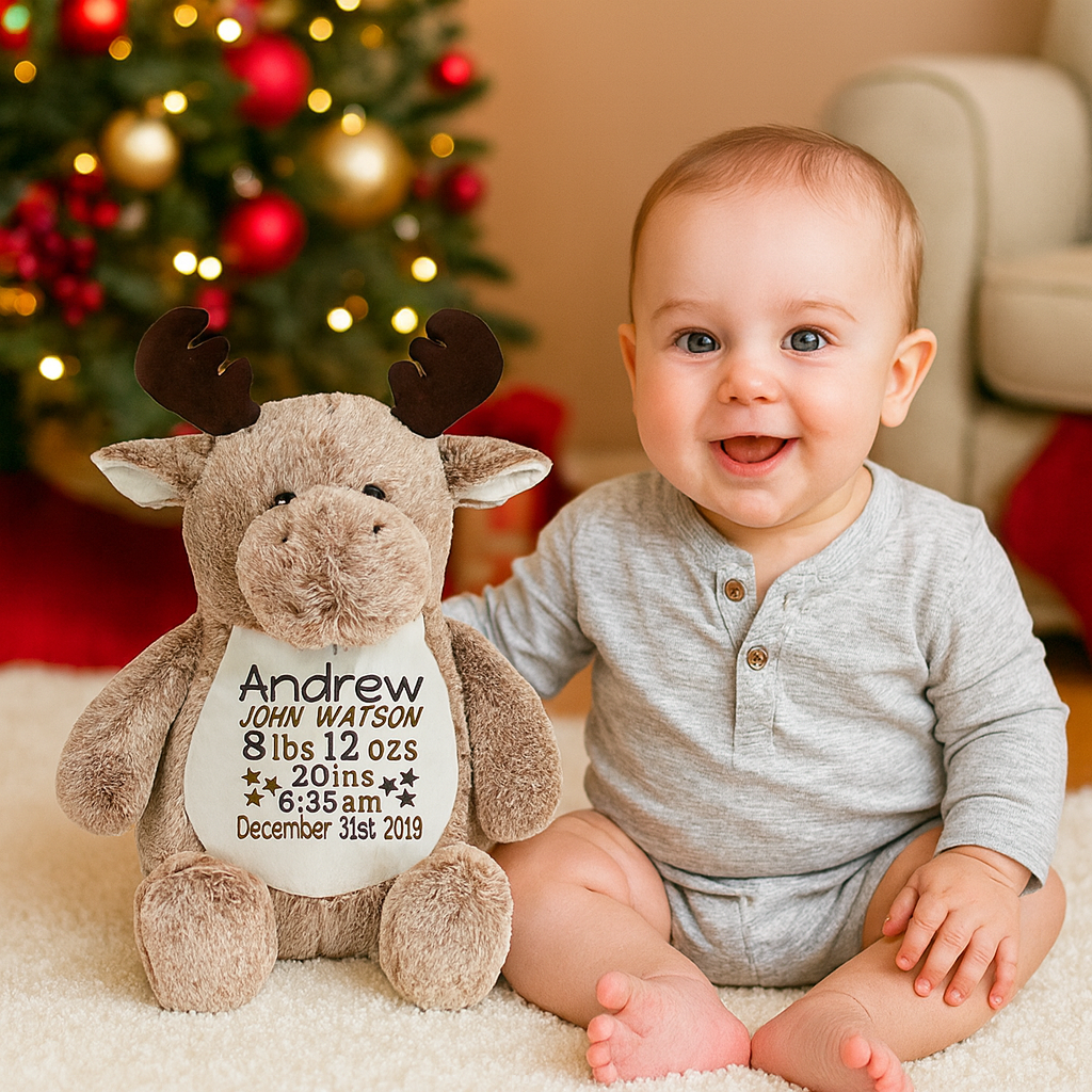 Personalized Christmas Moose Plush | Custom Embroidered Stuffed Animal | Baby Keepsake Gift | Newborn Christmas Gift | Birth Stats Plush | Holiday Nursery Décor
