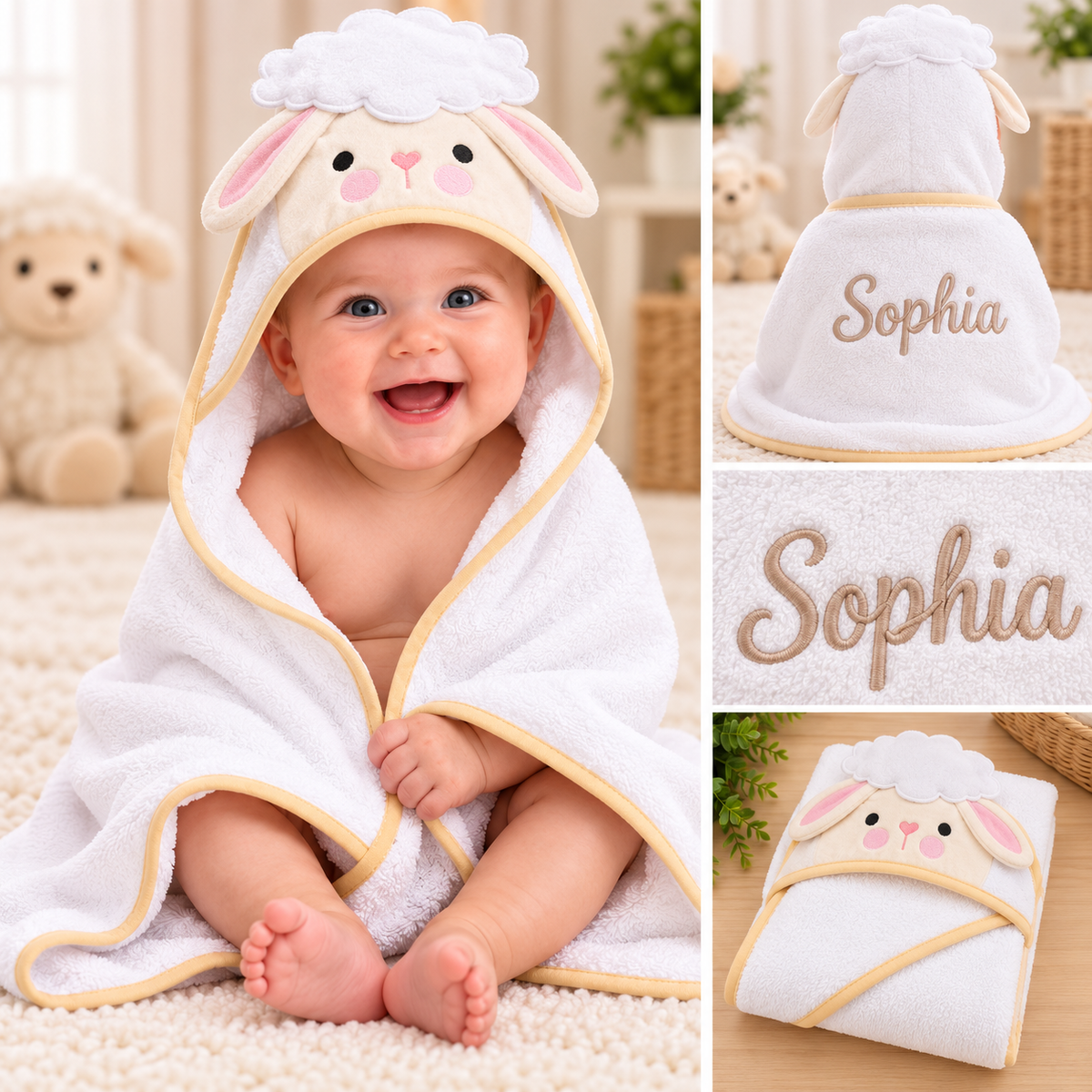Personalized 100% Organic Cotton Baby Hooded Towel – Custom Embroidered Name | Baby Shower & Newborn Gift