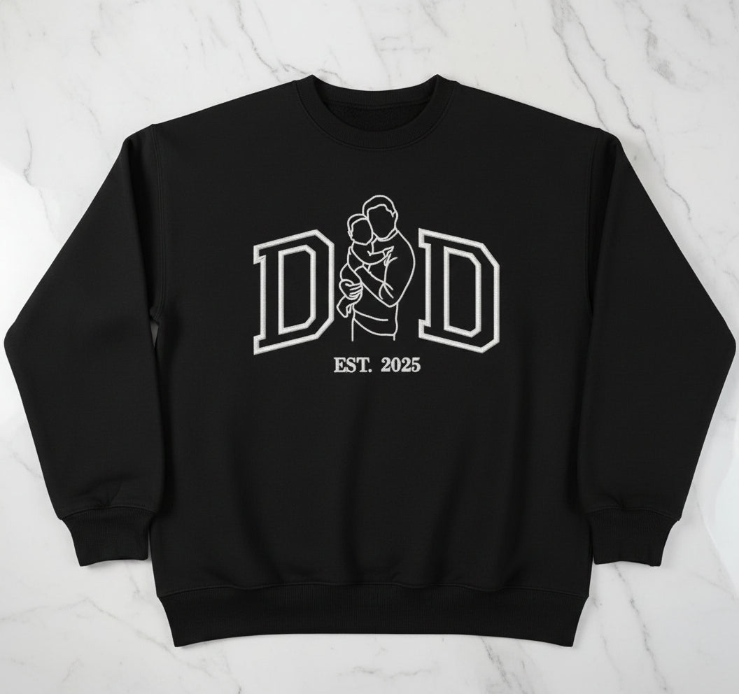 Custom Dad Photo Outline Embroidery Sweatshirt – Personalized Father & Child Line Art, Minimalist Keepsake Gift