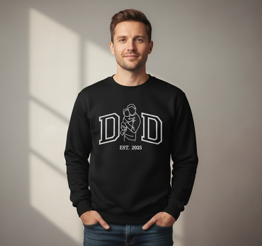 Custom Dad Photo Outline Embroidery Sweatshirt – Personalized Father & Child Line Art, Minimalist Keepsake Gift