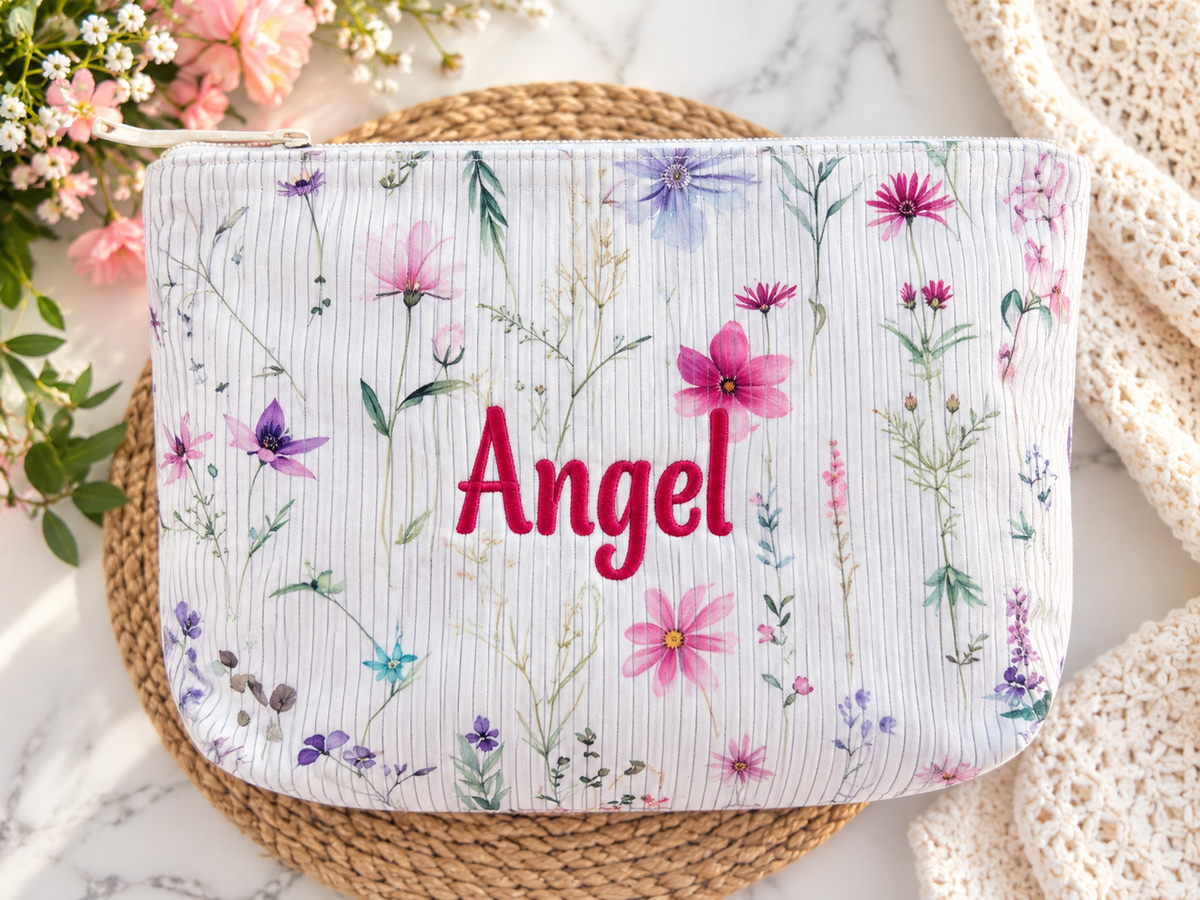 Personalized Corduroy Makeup Bag – Custom Name Floral Cosmetic Pouch, Zippered Toiletry Bag