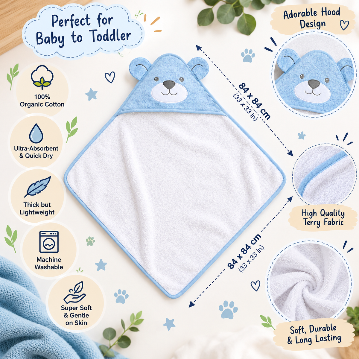 Personalized 100% Organic Cotton Baby Hooded Towel – Custom Embroidered Name | Baby Shower & Newborn Gift