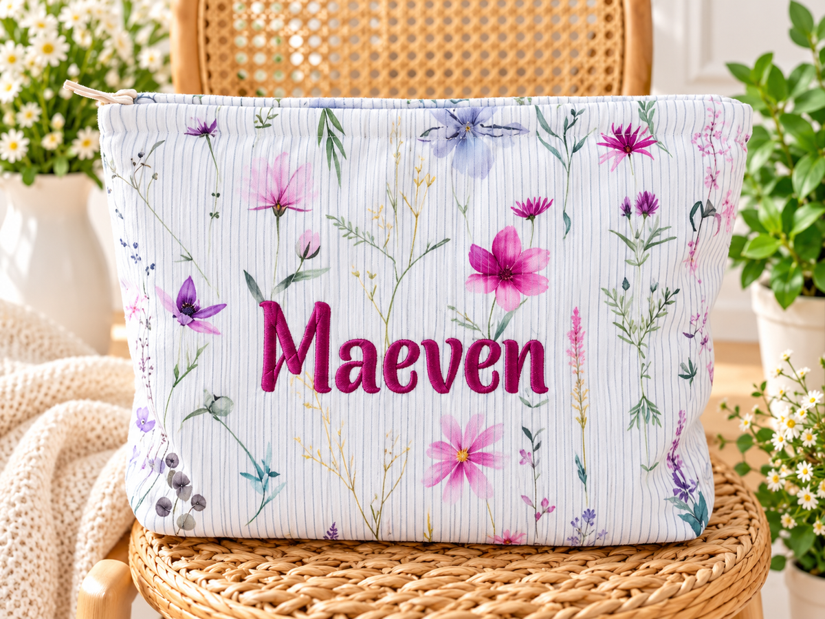 Personalized Corduroy Makeup Bag – Custom Name Floral Cosmetic Pouch, Zippered Toiletry Bag