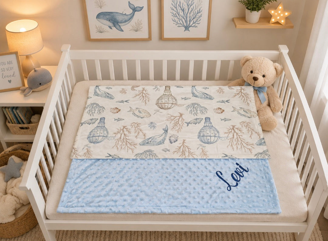 Personalized Baby Blanket with Name – Soft Ocean Theme Blanket | Custom Newborn Gift | Baby Boy Gift Canada