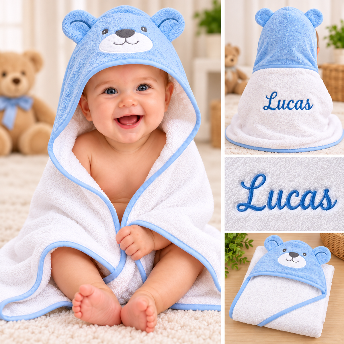 Personalized 100% Organic Cotton Baby Hooded Towel – Custom Embroidered Name | Baby Shower & Newborn Gift
