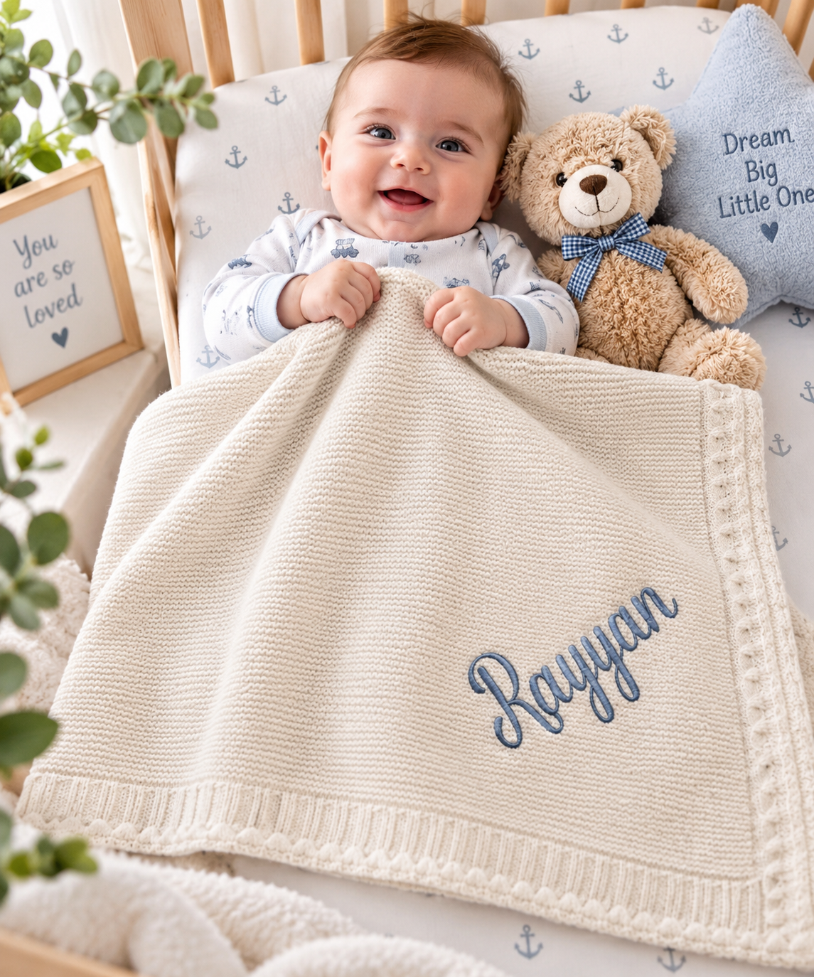 Personalized 100% Organic Cotton Knit Baby Blanket – Custom Embroidered Name Baby Gift