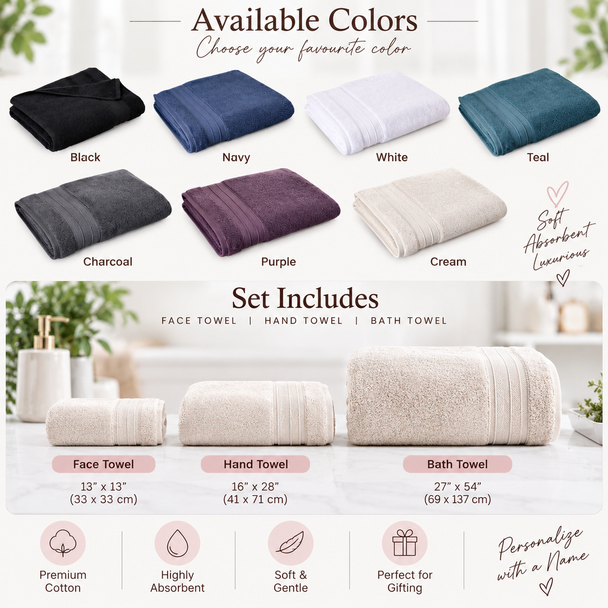 Personalized Towel Set – Custom Embroidered Bath, Hand & Wash Towels | Monogrammed Luxury Gift for Home, Wedding & Spa