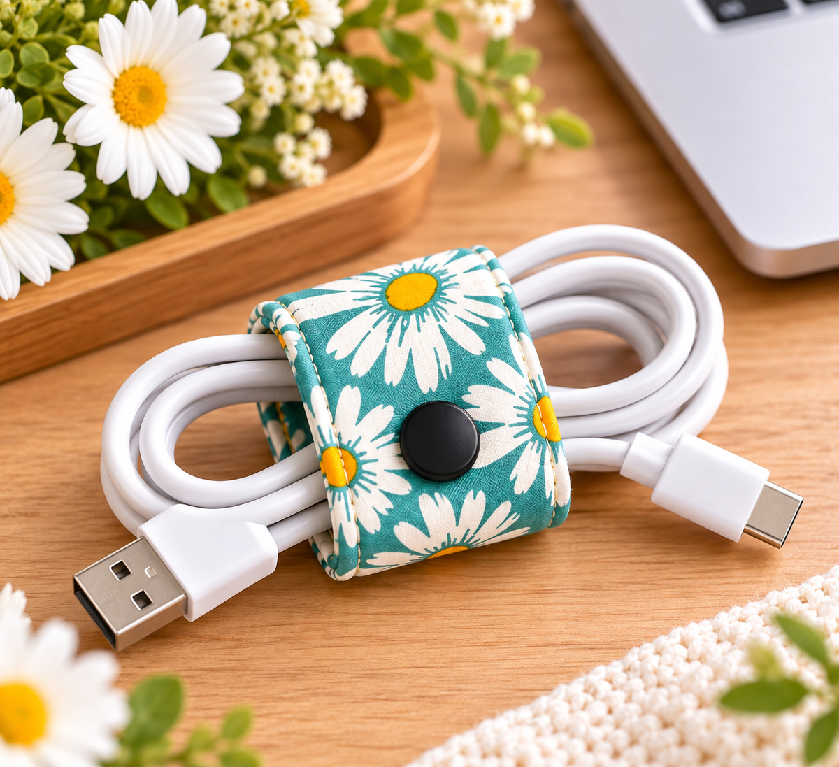 Handmade Fabric Cable Organizer – Reusable Snap Cord Holder, Floral & Denim Cable Wrap, Travel Tech Accessories, Stocking Stuffer Gift