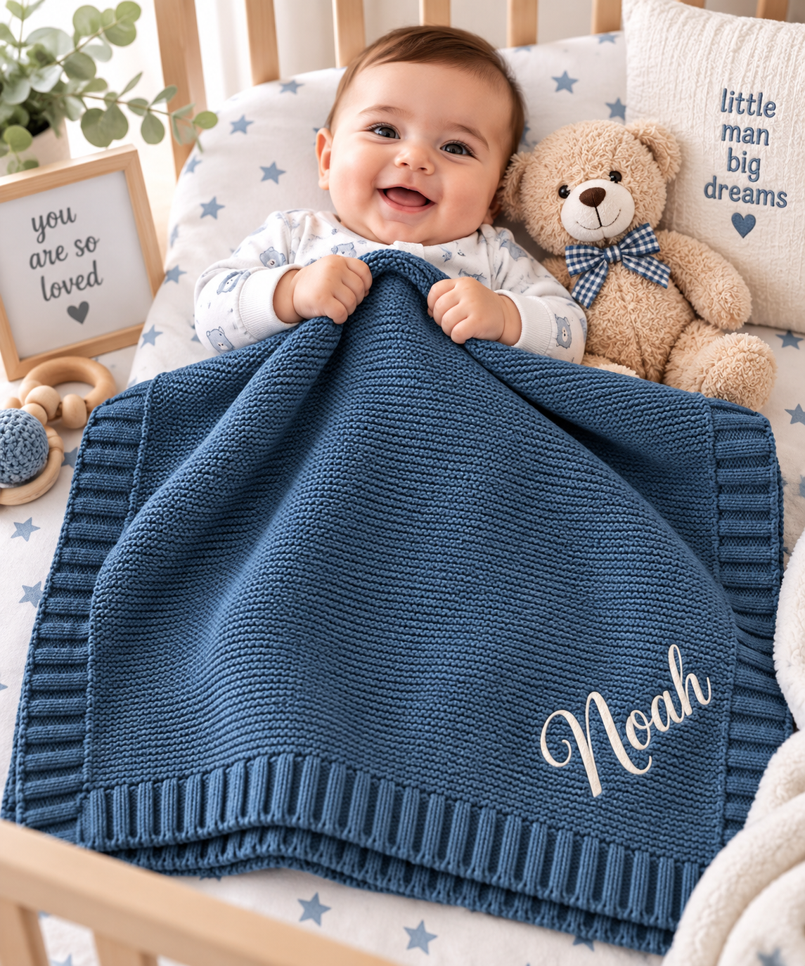 Personalized 100% Organic Cotton Knit Baby Blanket – Custom Embroidered Name Baby Gift