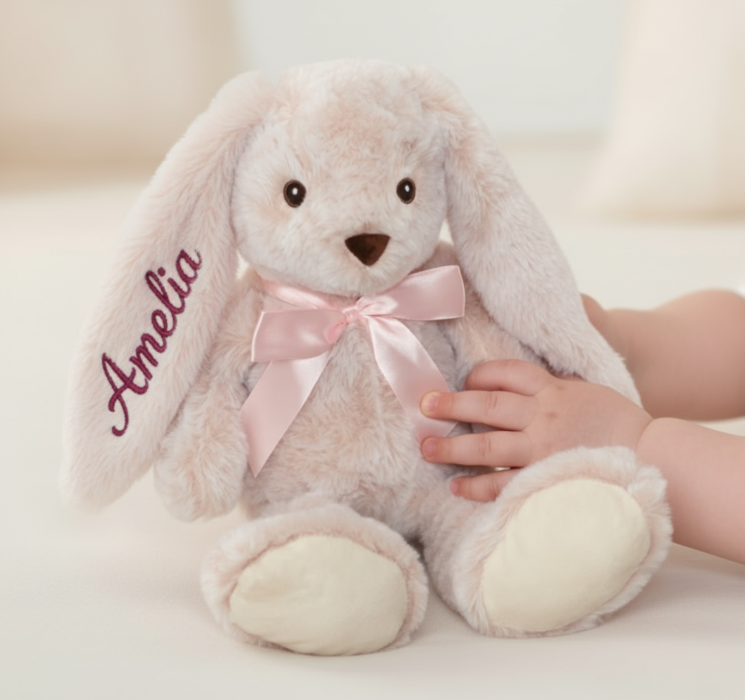 Personalized Embroidered Bunny Plush - Beige & Pink - 10" Custom Baby Gift