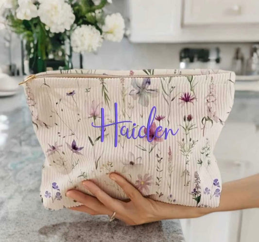 Personalized Corduroy Makeup Bag – Custom Name Floral Cosmetic Pouch, Zippered Toiletry Bag