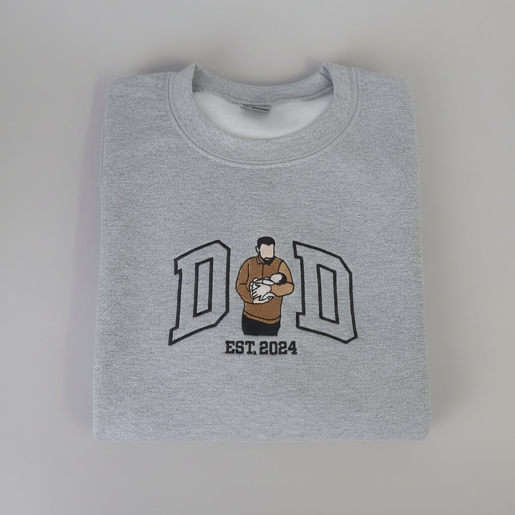 Personalized Dad Photo Embroidery Sweatshirt – Custom Father & Child Portrait, Minimal Line Art, Meaningful Dad Gift