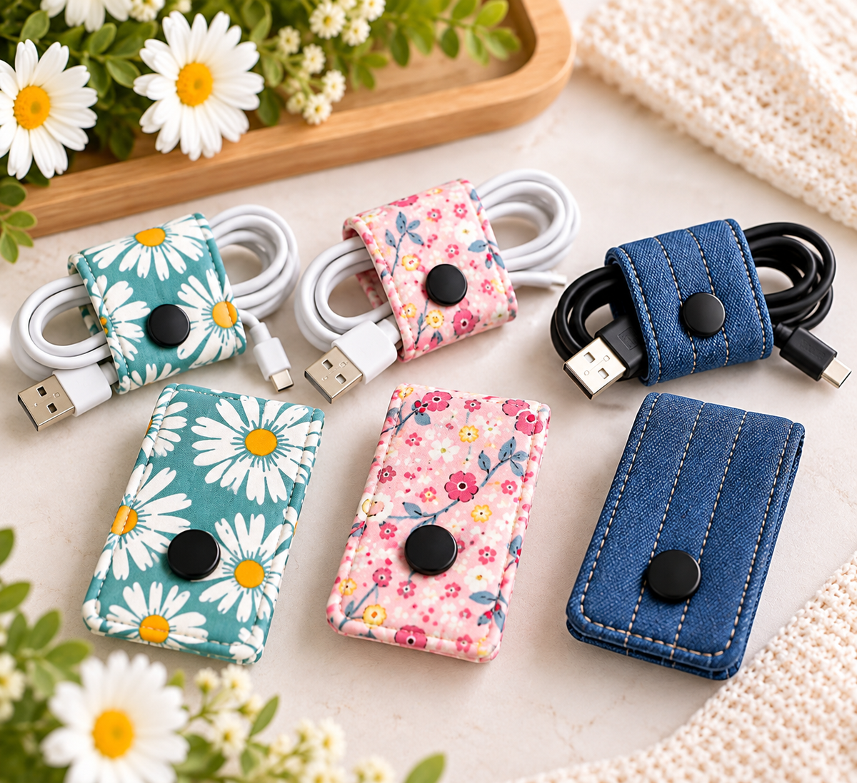 Handmade Fabric Cable Organizer – Reusable Snap Cord Holder, Floral & Denim Cable Wrap, Travel Tech Accessories, Stocking Stuffer Gift
